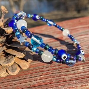 Blue Evil Eye Crackle Quartz Silver Hematite Star Beaded Bracelet